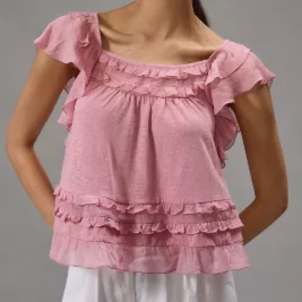 Anthropologie Pink Ruffled Square-Neck Women's Top